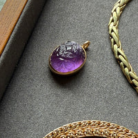 1979 Swedish Hand Carved Domed Amethyst Pendant 18k Gold – 1 inch drop
