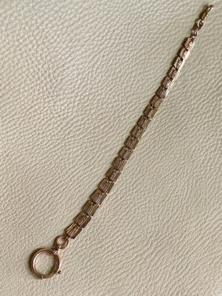 Unique! Antique Watch Chain with tiny leaf pattern - 14k gold with 10k rose gold detail