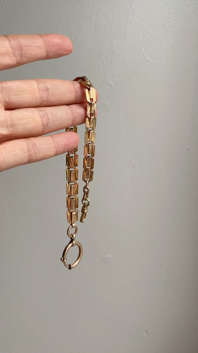 Antique Watch Chain with tiny leaf pattern - 14k gold with 10k rose gold detail