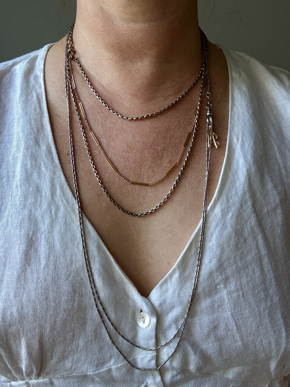 Early 1900s Antique PLATINUM Link Longuard Chain Necklace with Dog Clip - 31-62 inch length