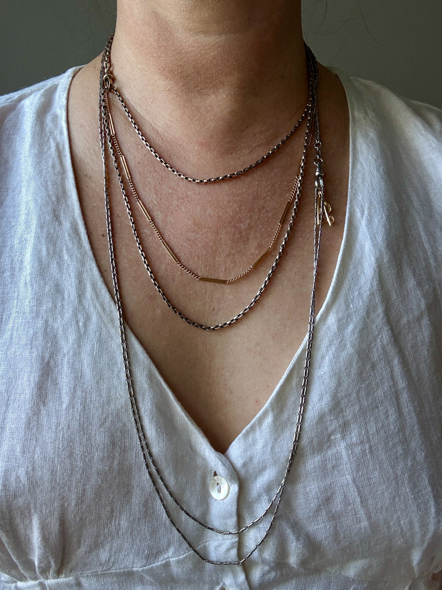 Early 1900s Antique PLATINUM Link Longuard Chain Necklace with Dog Clip - 31-62 inch length