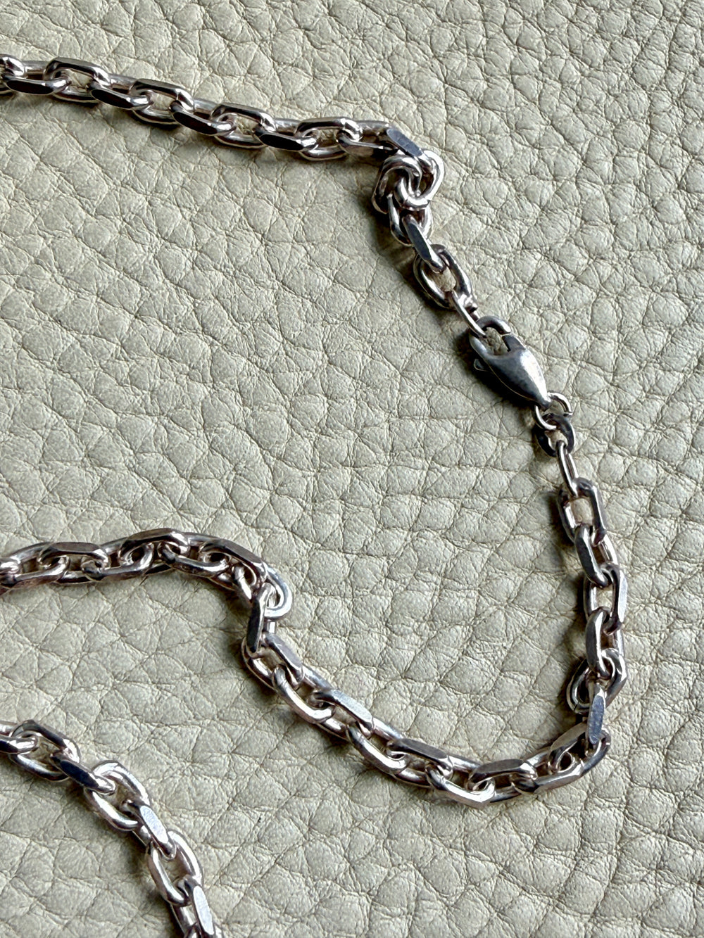 Silver chain necklace on a textured light green surface