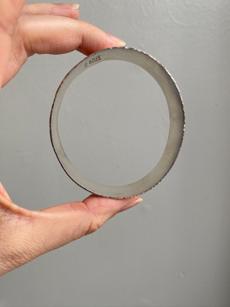 1975 Extra wide heavy hammered texture silver bangle by NOKO - size 8.1 inch