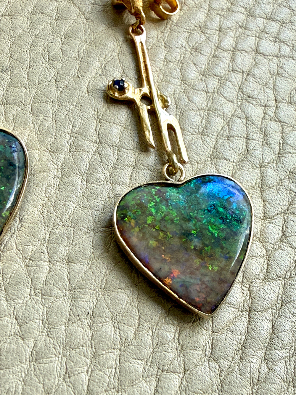WOW! Vintage Austrian 14k Gold & Opal Heart Drop Brutalist Earrings - 2.2 inch drop