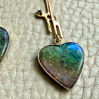 WOW! Vintage Austrian 14k Gold & Opal Heart Drop Brutalist Earrings - 2.2 inch drop