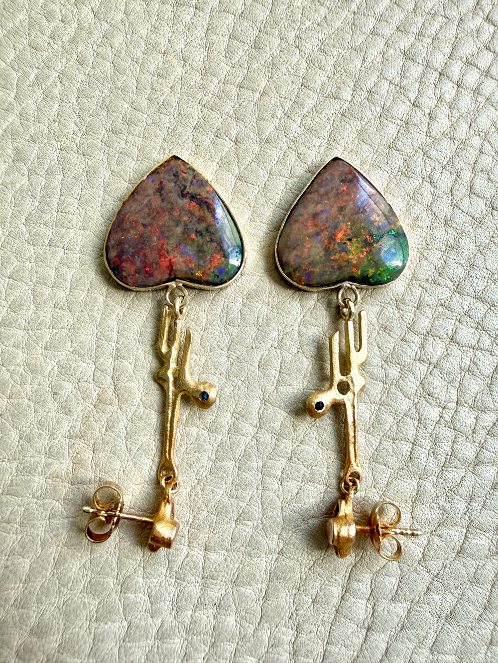 WOW! Vintage Austrian 14k Gold & Opal Heart Drop Brutalist Earrings - 2.2 inch drop