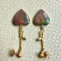 WOW! Vintage Austrian 14k Gold & Opal Heart Drop Brutalist Earrings - 2.2 inch drop