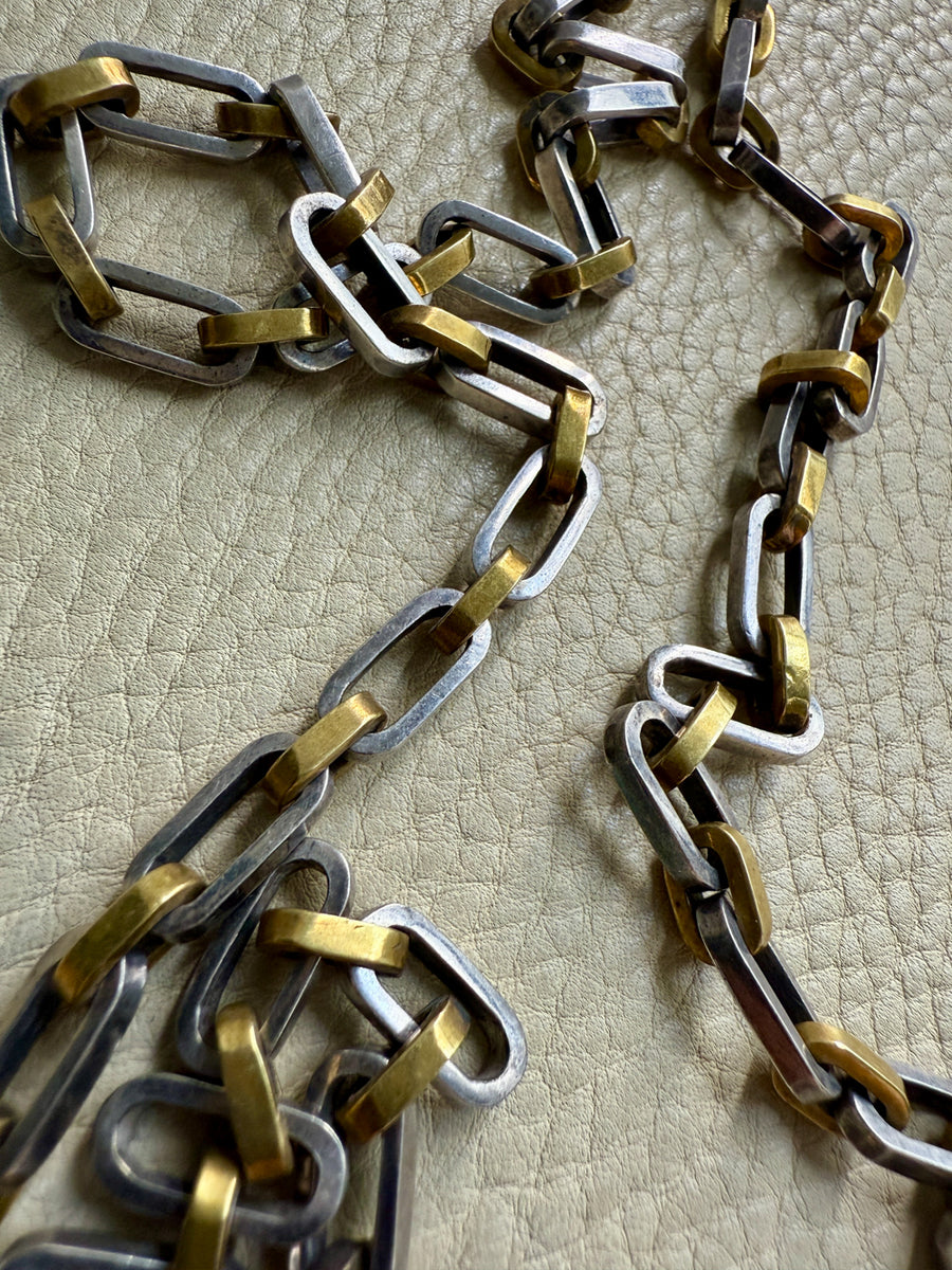 UNIQUE Chunky Sterling Silver with Alternating Gilt Links - Taxco Link Necklace - 24 inch length