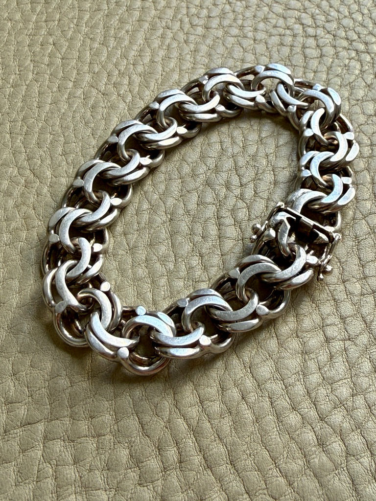 Heavy Swedish Double Link Curb Silver Bracelet by Victor Janson – 7.5 inch length