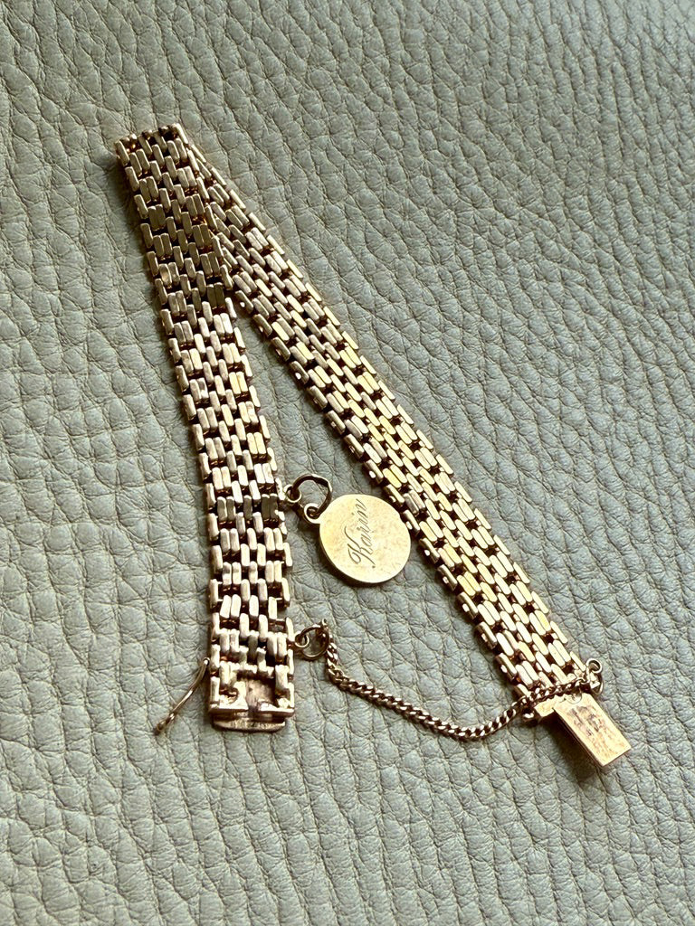 1943 Vintage Silky 18k Gold Wide Link Bracelet with Charm - 6.5 inch length