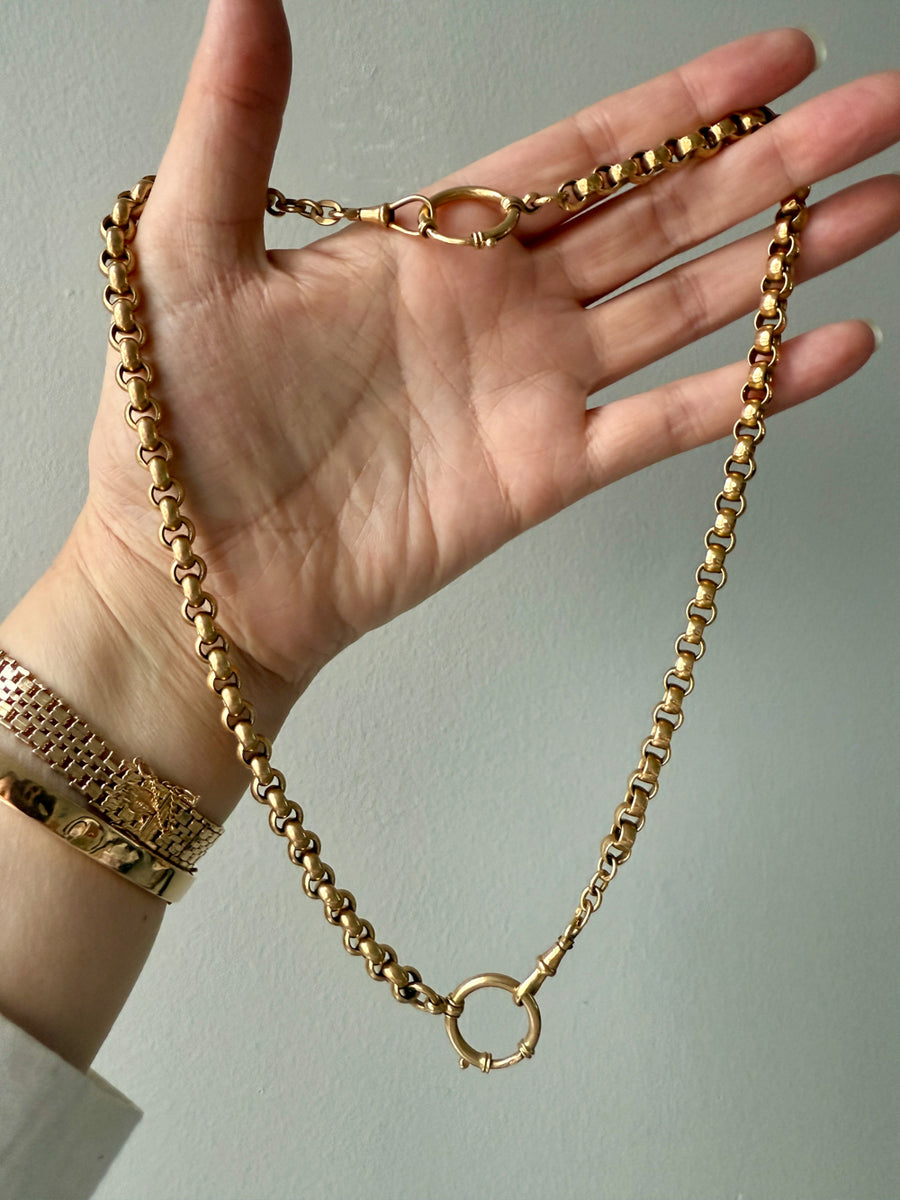 Antique 18k Gold Rolo Link Watch chain Necklace Setup with Large Bolt clasps - 21.75 inch total length