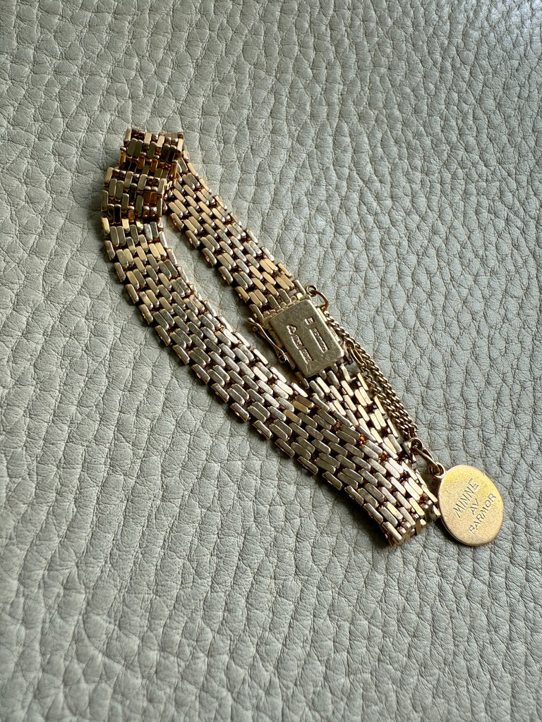1943 Vintage Silky 18k Gold Wide Link Bracelet with Charm - 6.5 inch length