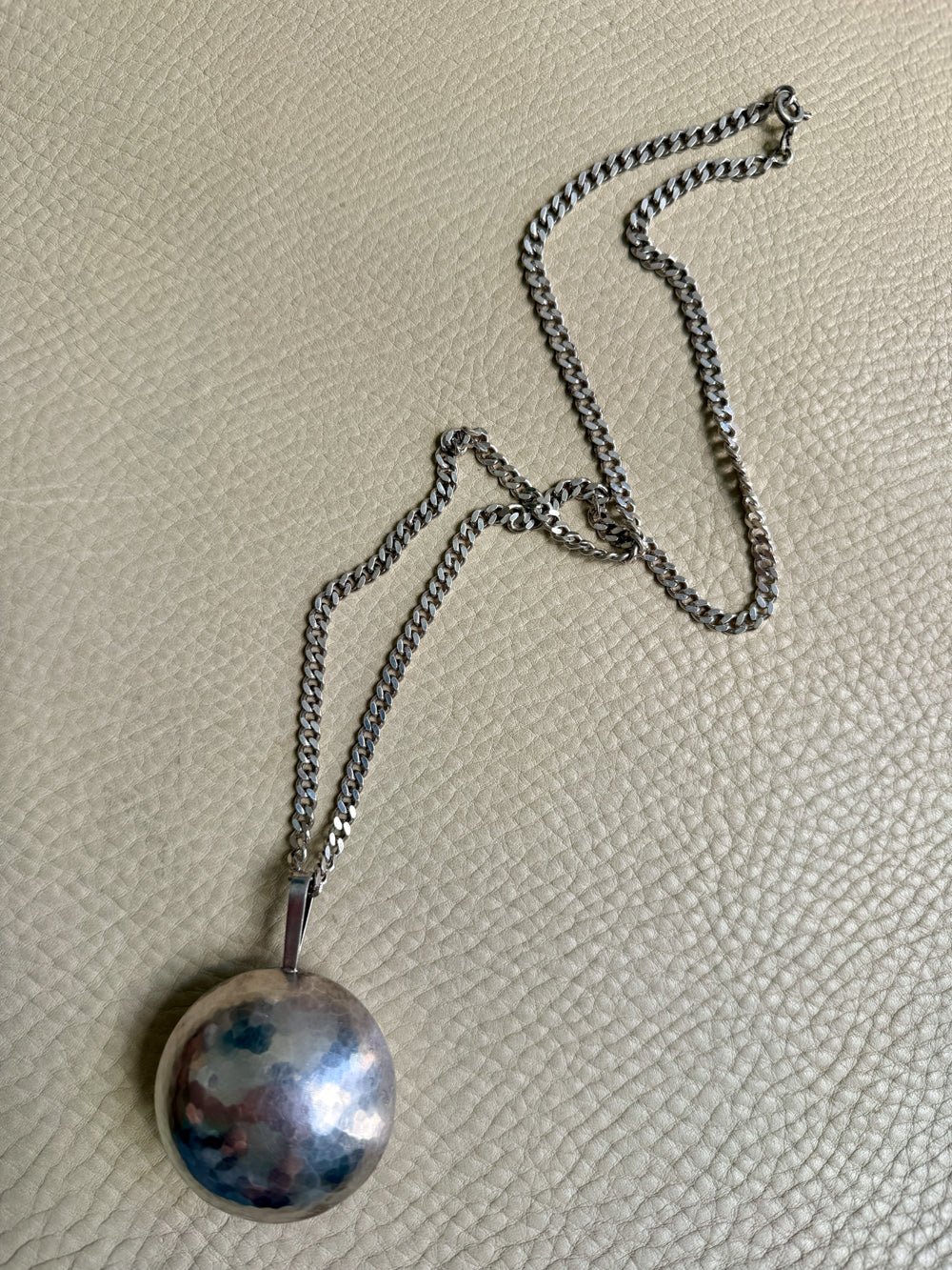 Vintage Silver Hammered Orb Pendant with Substantial Curb Chain - 23.8 inch length