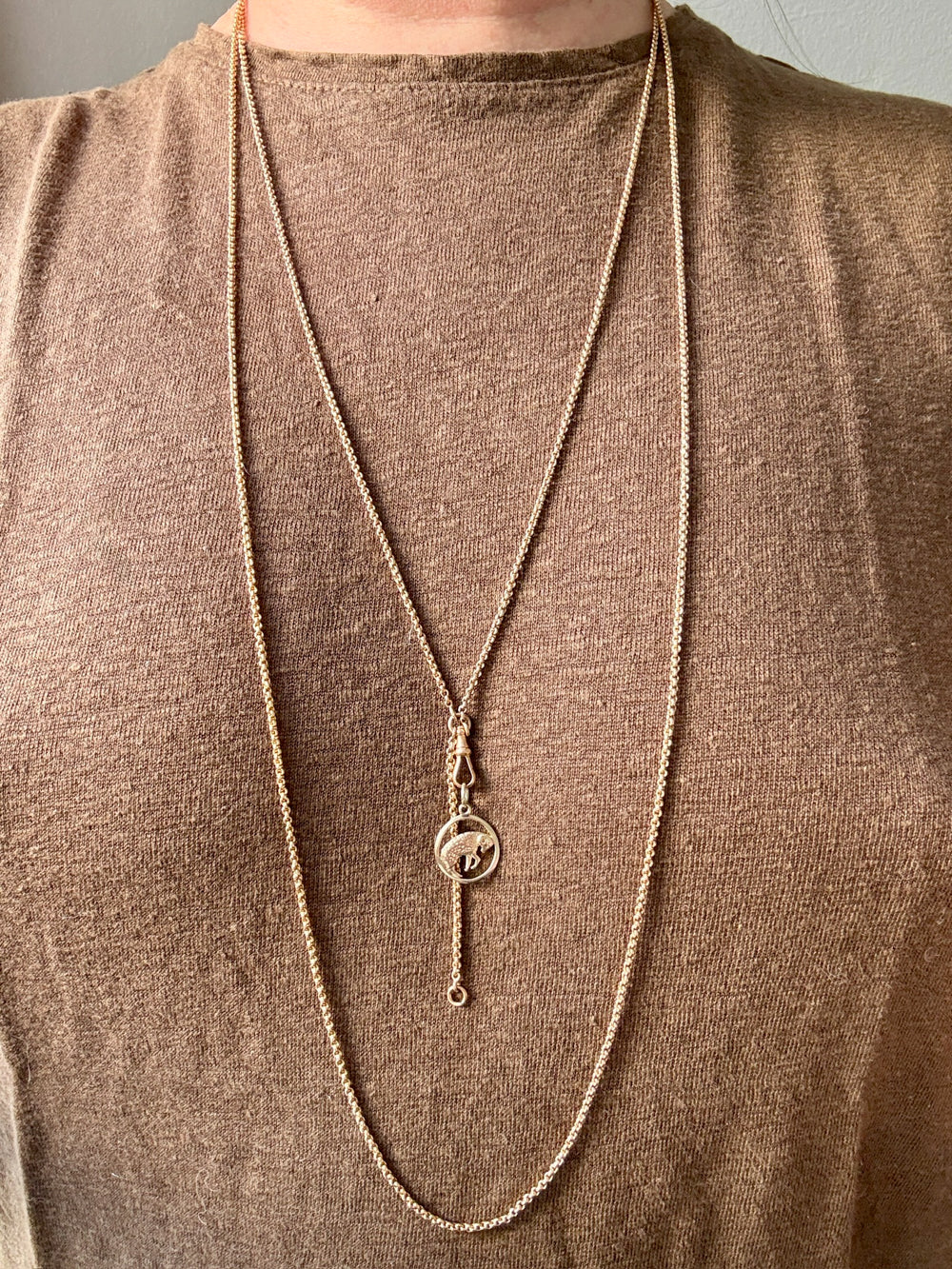 Victorian Era Antique 18k Gold Longuard Belcher Link Chain with Slider & Dog Clip - 33 inch doubled necklace length