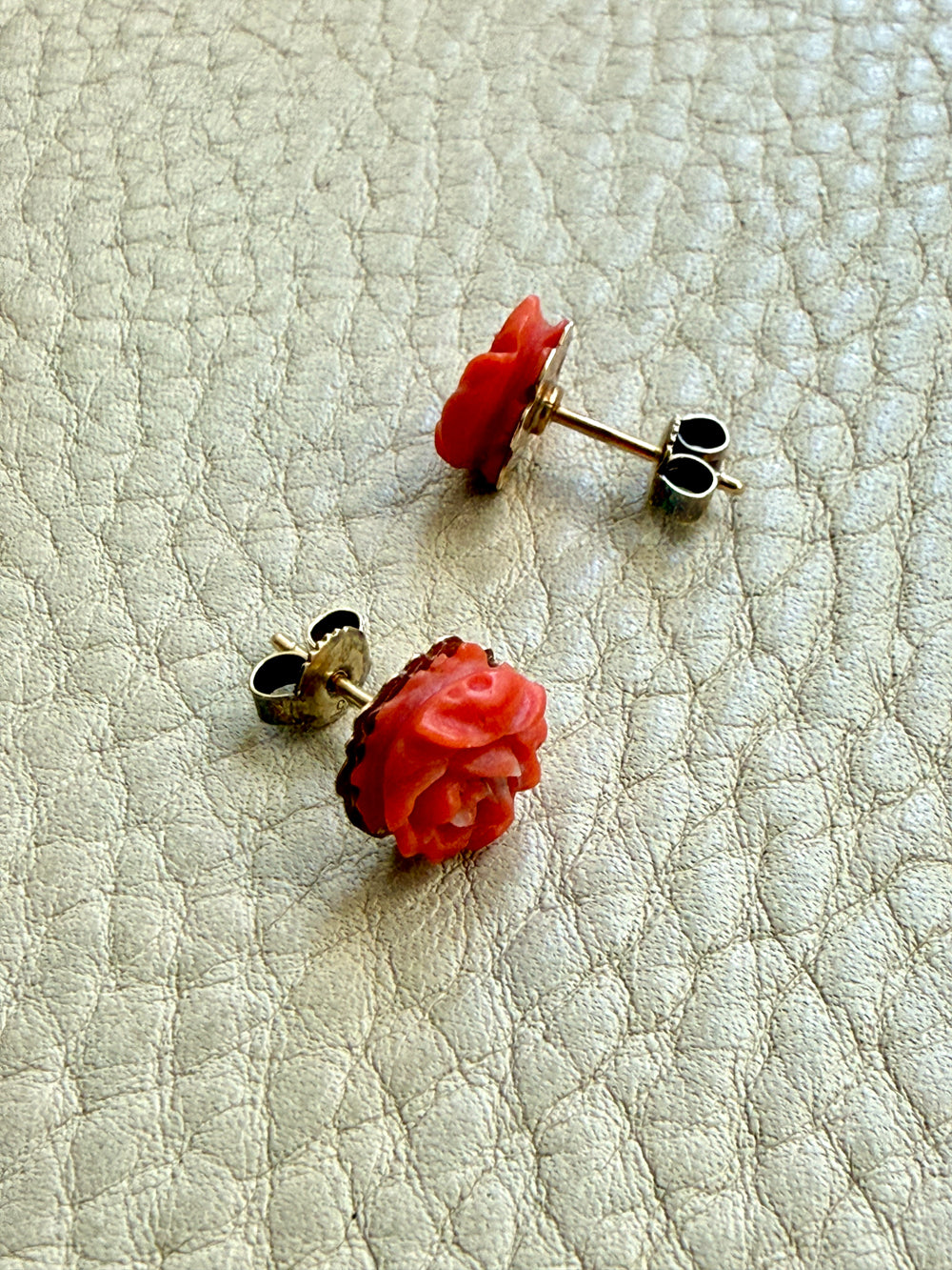 Antique Dutch Carved Coral Flower Stud Earrings in 14k Gold