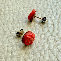 Antique Dutch Carved Coral Flower Stud Earrings in 14k Gold
