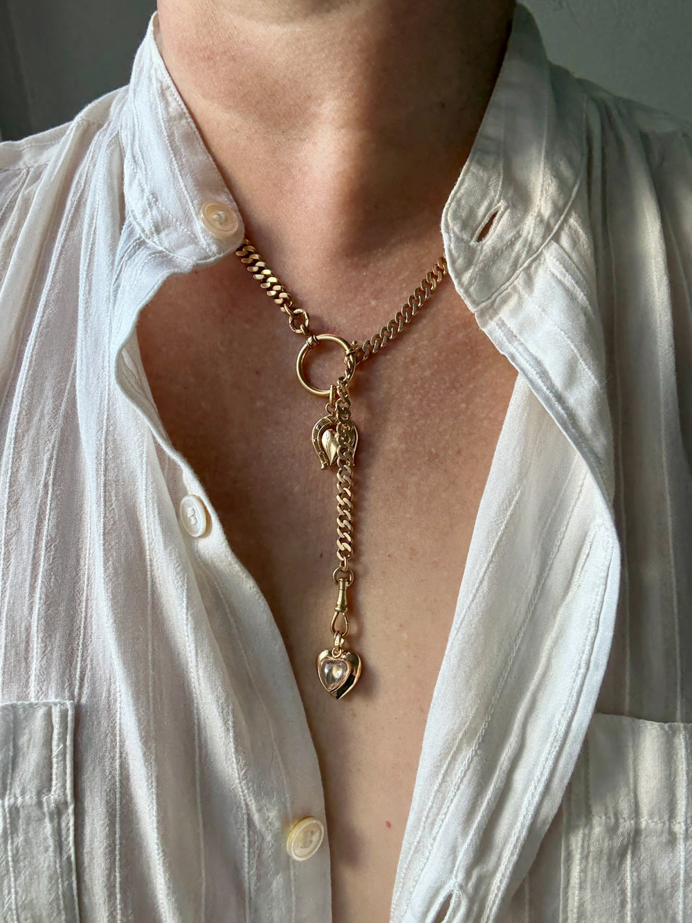 Antique 18k Gold Pressed Curb Link Watch chain Necklace Setup with Large Bolt clasps - 21.5 inch total length