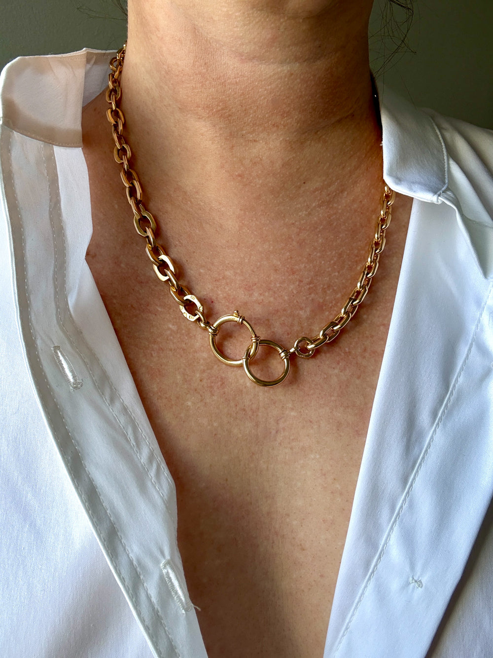 18k Gold Antique Rounded Biker Link Watch Chain Necklace Extender or Bracelet with Large Bolt Clasp - 9.2 inch length