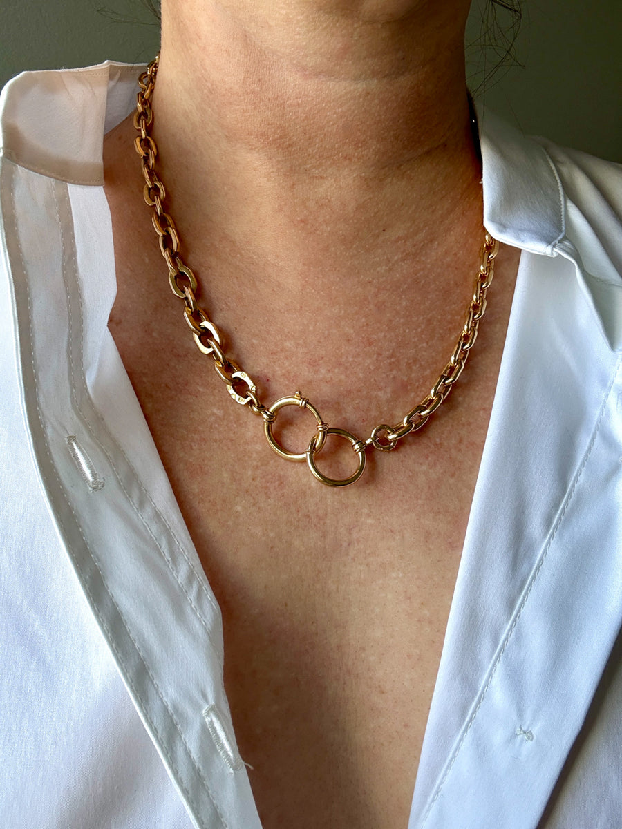 18k Gold Antique Rounded Biker Link Watch Chain Necklace Extender or Bracelet with Large Bolt Clasp - 9.2 inch length