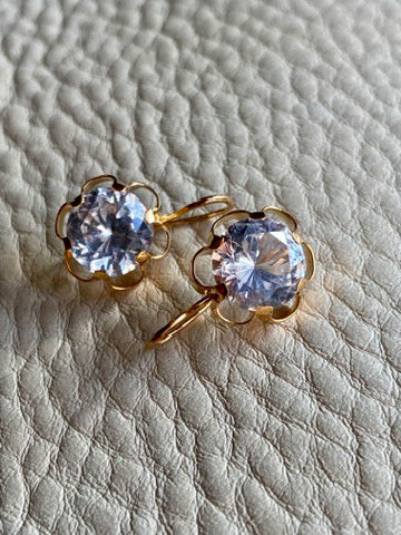 Special and sparkly!! - White topaz and 18k gold Modernist flower earrings - Vintage Scandinavian
