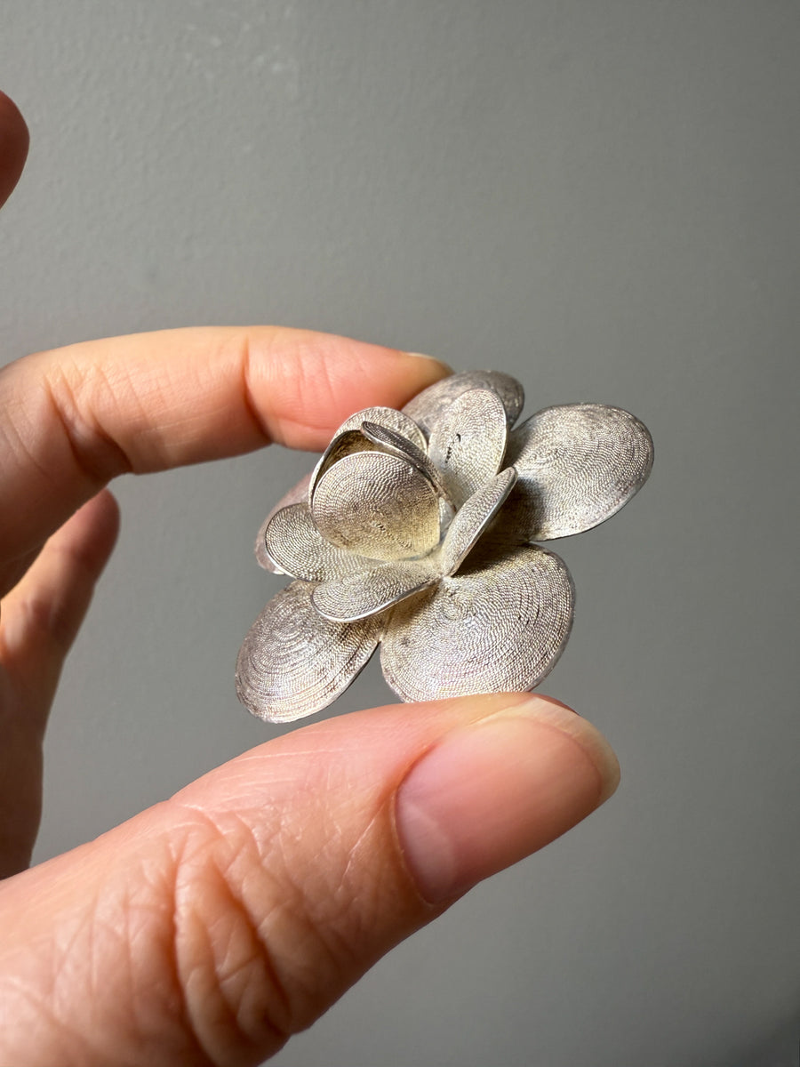 1950s Sterling Silver Filigree Flower Brooch - 1.8 inch diameter