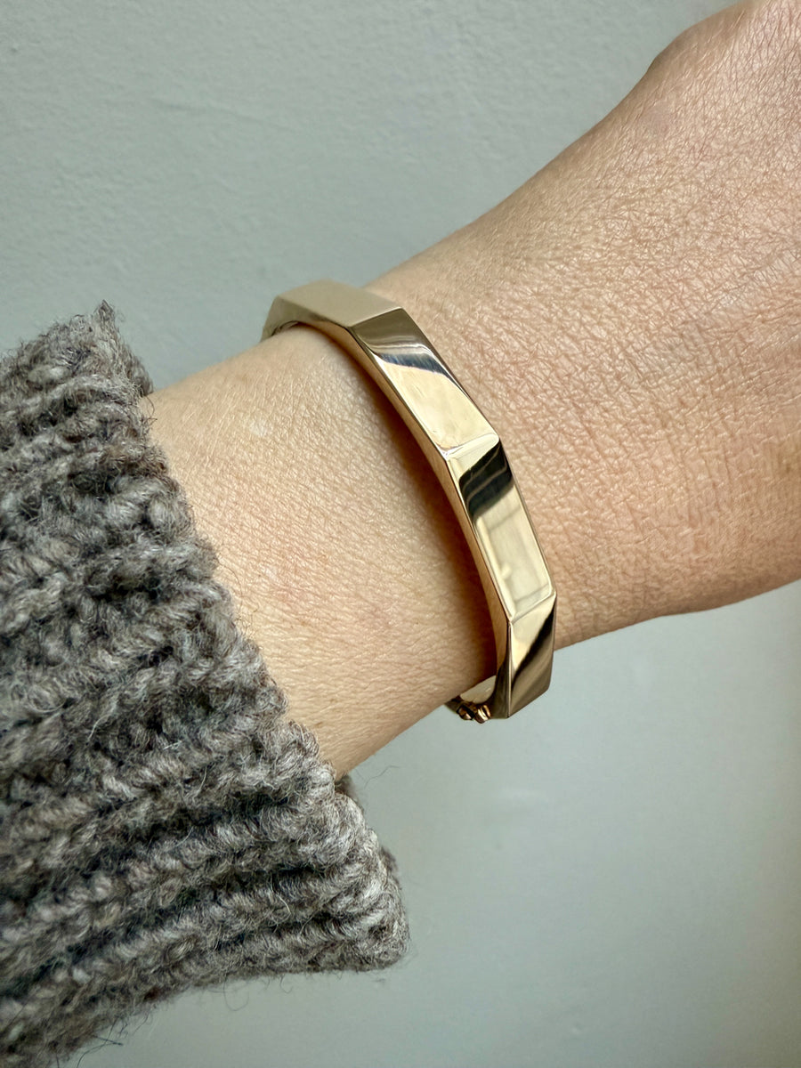 SPECTACULAR!! 10 Sided Geometric Hinged Bangle in 14k Yellow Gold - 1970s era - by Fleming Lund- 6.75 inch