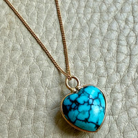Puffy Vintage Turquoise Cabochon Bezel Set Heart Pendant 18k Gold – 0.8 inch drop