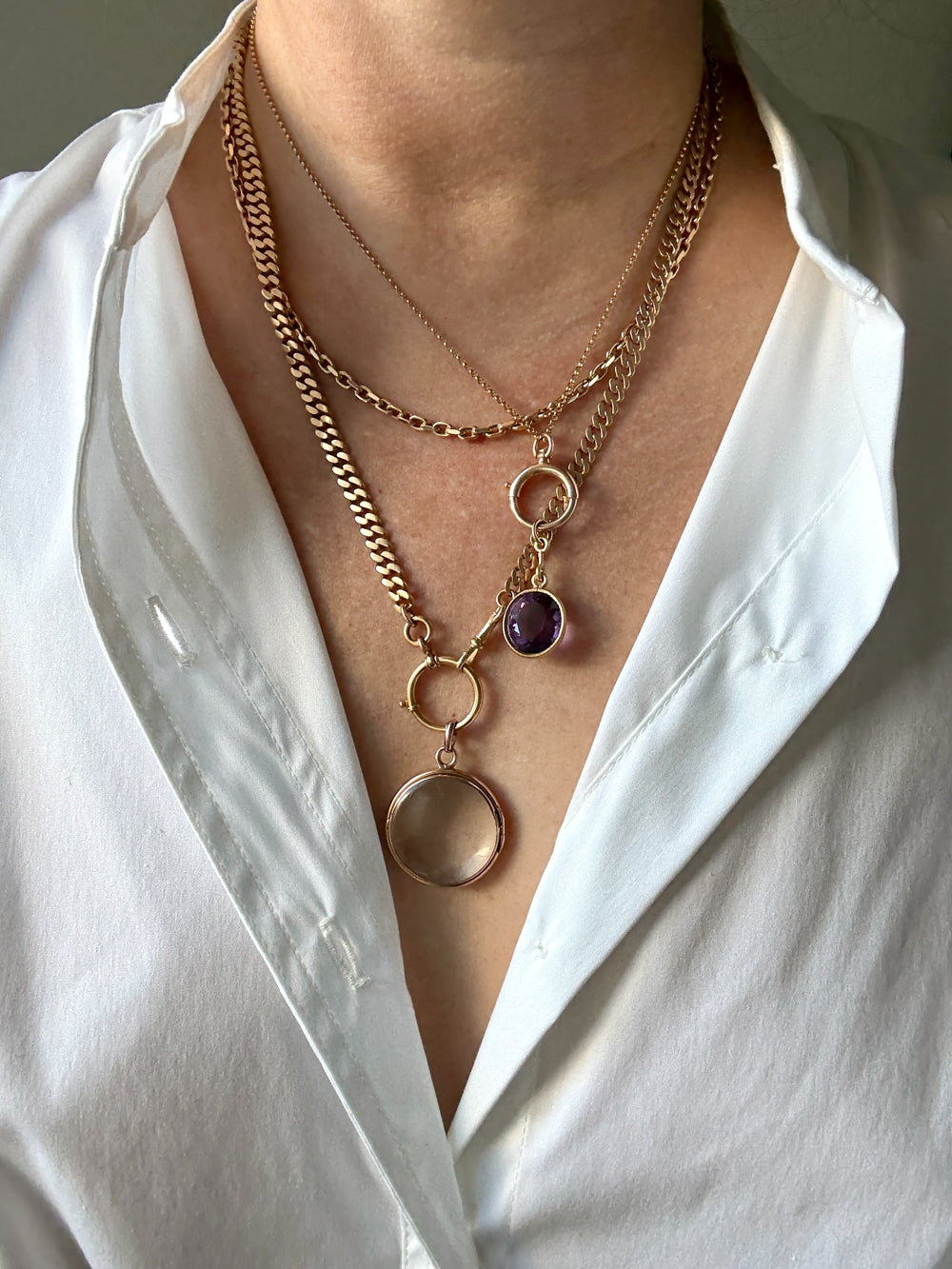 Antique 18k Gold Pressed Curb Link Watch chain Necklace Setup with Large Bolt clasps - 21.5 inch total length