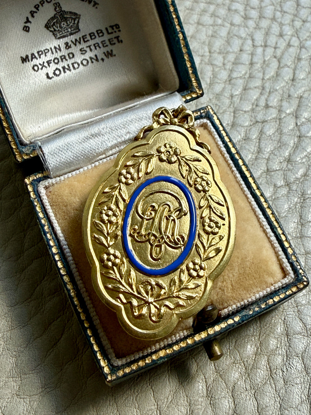 vintage 18k Gold medallion pendant with blue enamel and initials IAR penelopepenelope.com