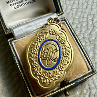 vintage 18k Gold medallion pendant with blue enamel and initials IAR penelopepenelope.com