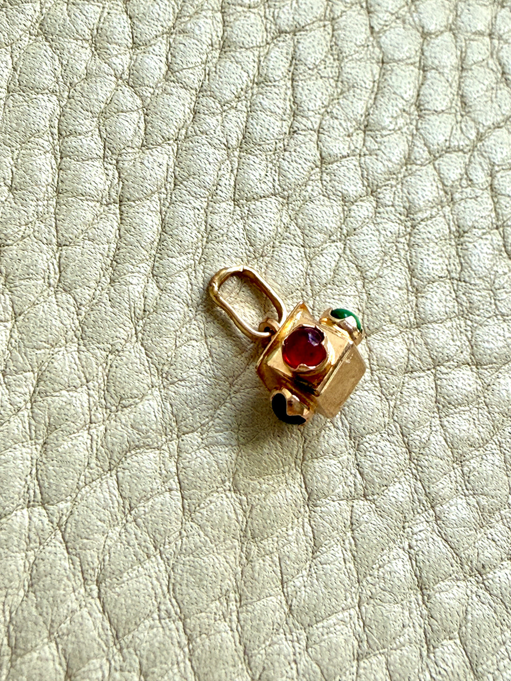 Midcentury Italian 18k Gold Square Box Charm or Pendant with Cabochon Side Accents