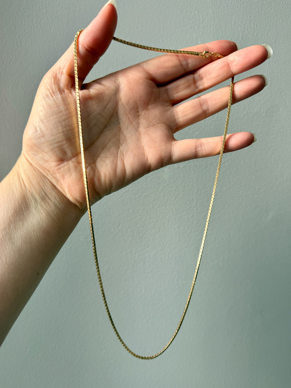 Hand holding a gold chain against a plain background