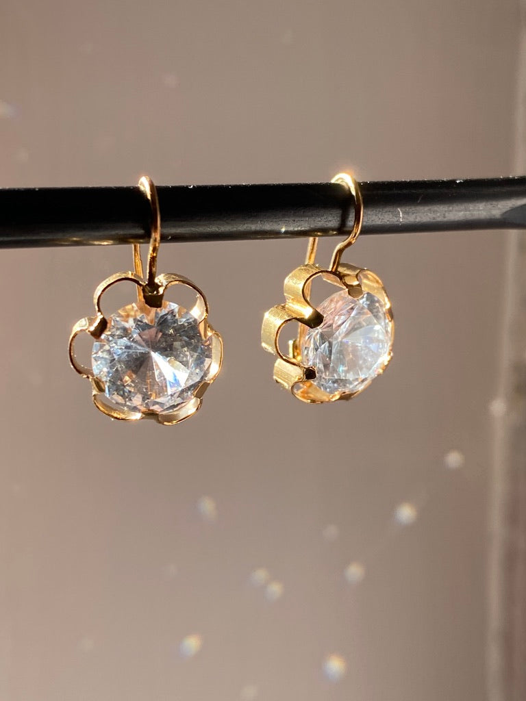 Sparkles!! - White topaz and 18k gold Modernist flower earrings - Vintage Scandinavian