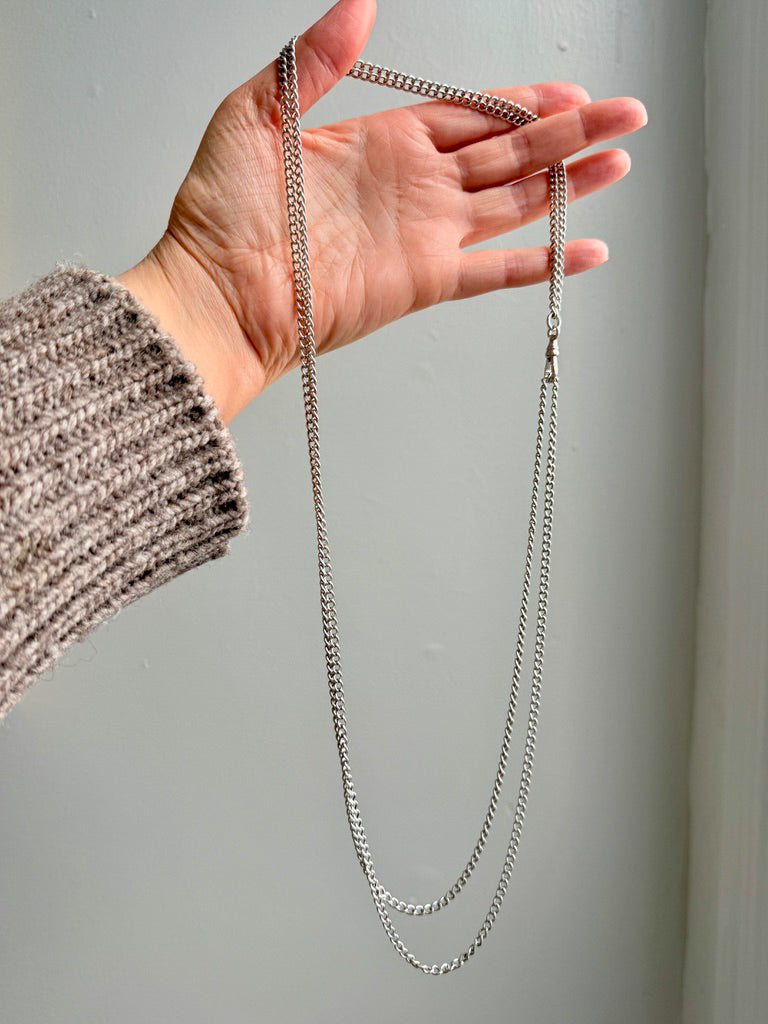 Edwardian era Sterlling Silver Longuard Curb Link Chain with Swivel Dog Clip - 31 inch doubled necklace length adjustable