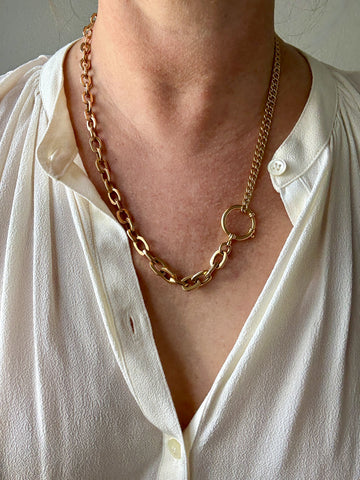 18k Gold Antique Biker Link Watch Chain Necklace Extender or Bracelet with Large Bolt Clasp - 11.2 inch length