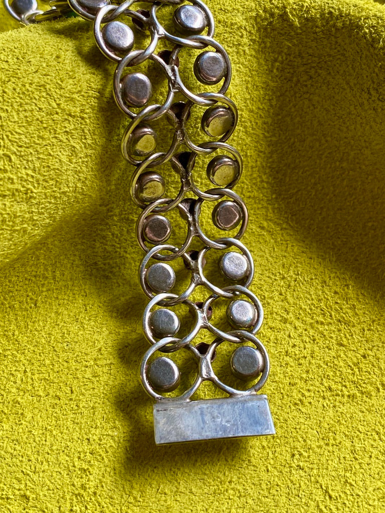 1940s Era Sterling Silver Handmade Link Chain Bracelet with 2 Rows of Turquoise Cabochons- 7.2 inch length