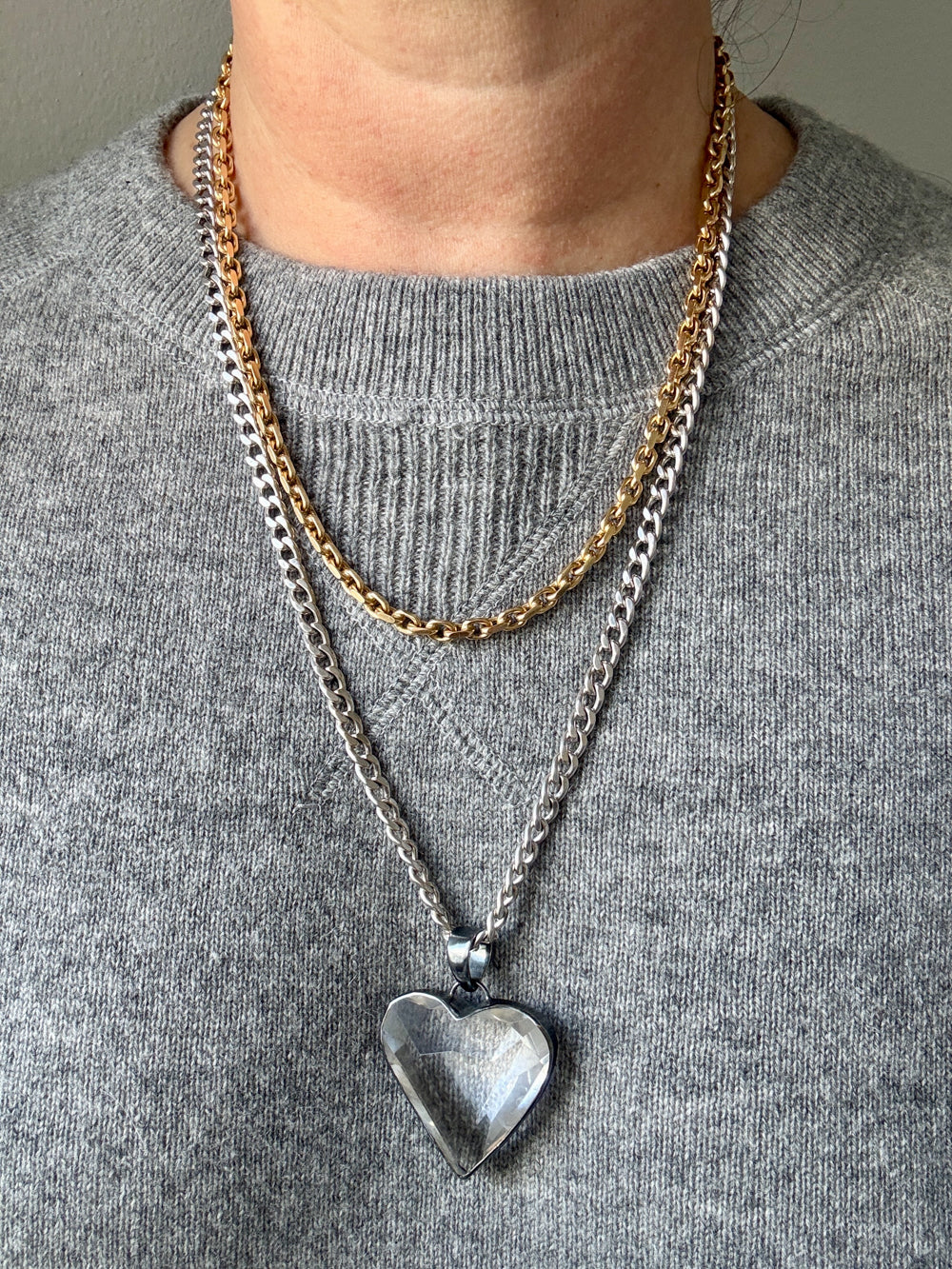 LARGE Crystal Quartz Heart Pendant in Oxidized Sterling Silver – 1.9 Inch length/drop