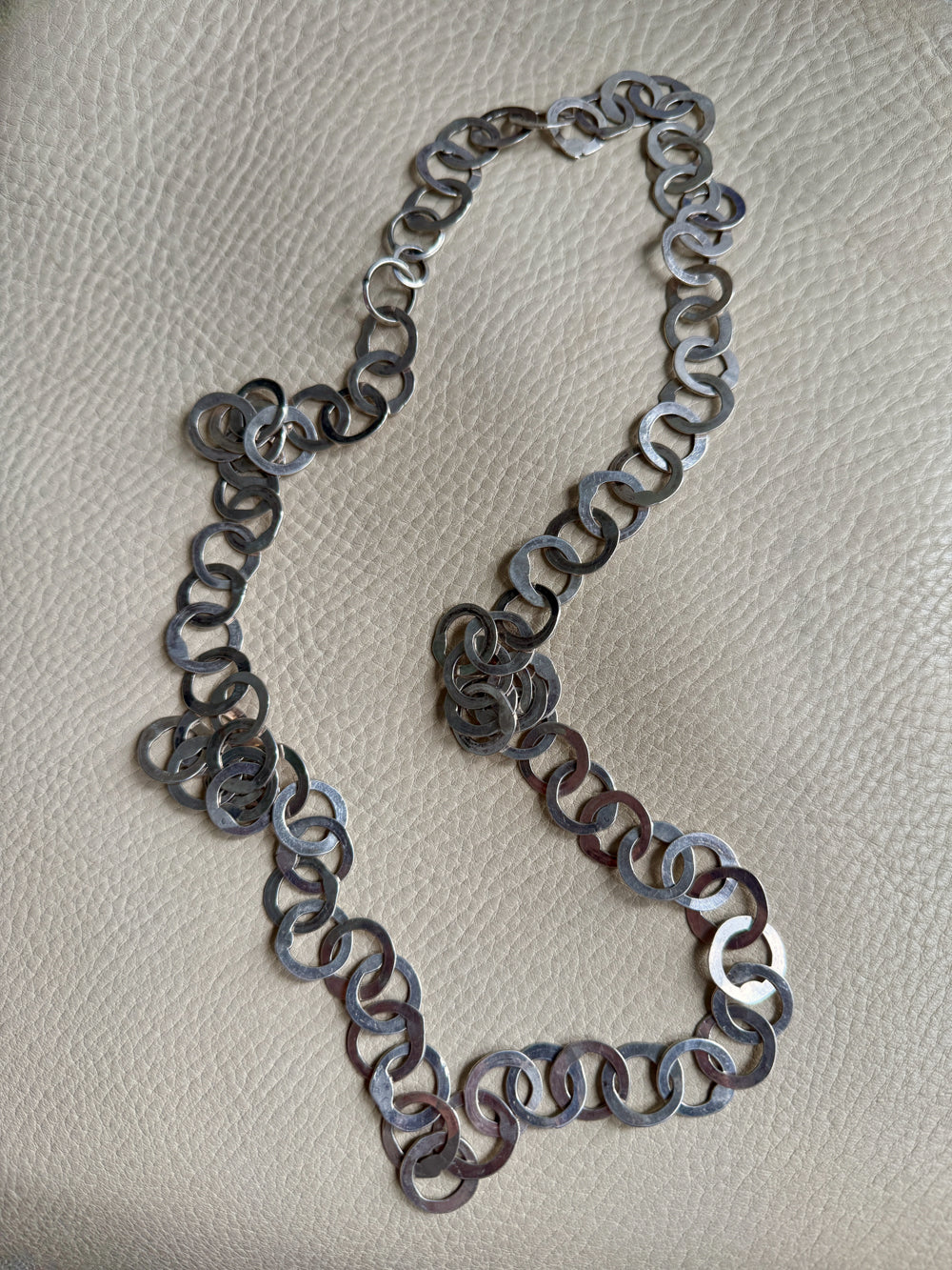 Silver Handmade Flat Circles Chain Necklace - 36 inch length