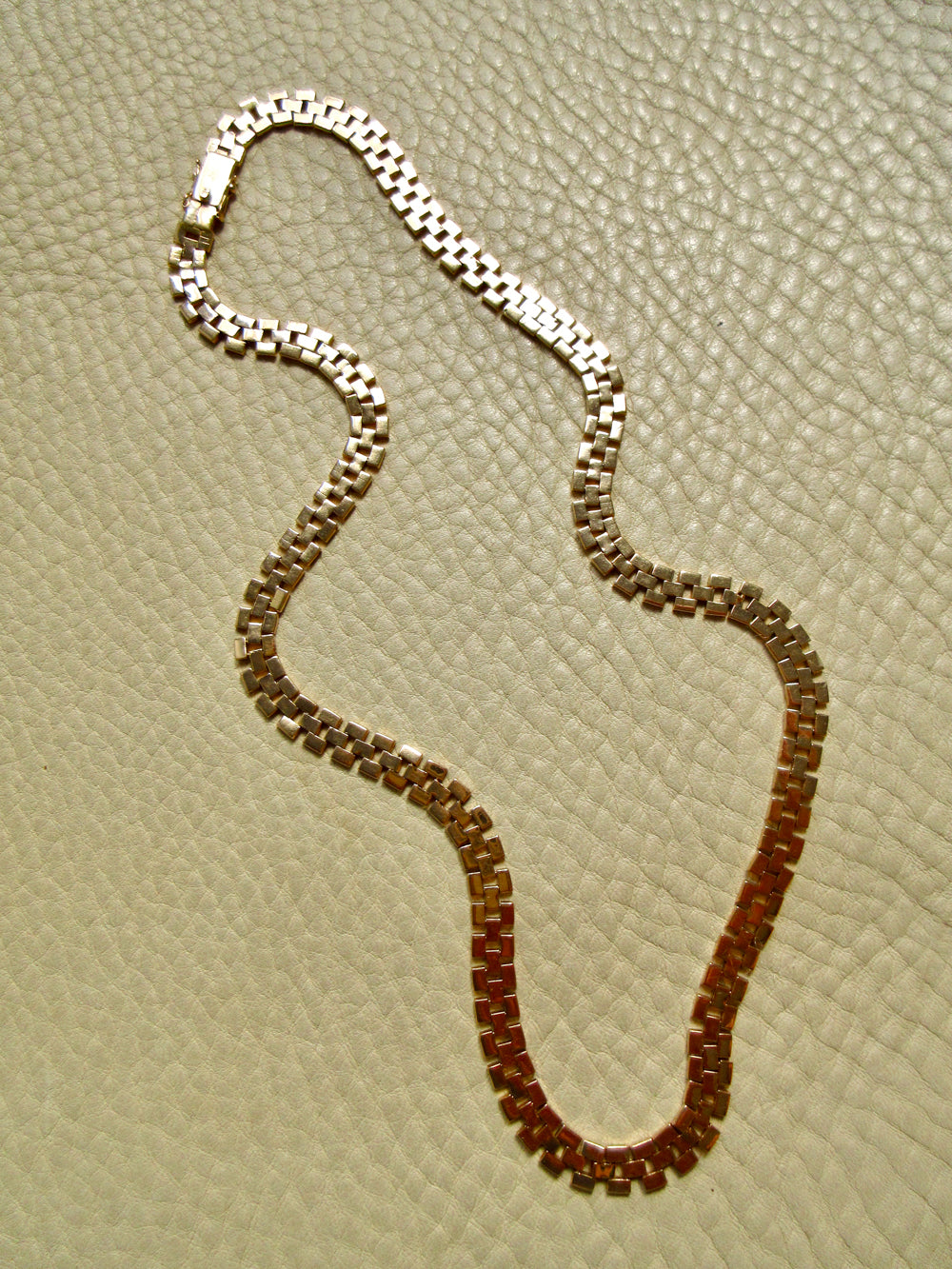 SILKY! Midcentury Italian Brick Link Necklace 18k Gold – 18.5 Inch Length on beige background