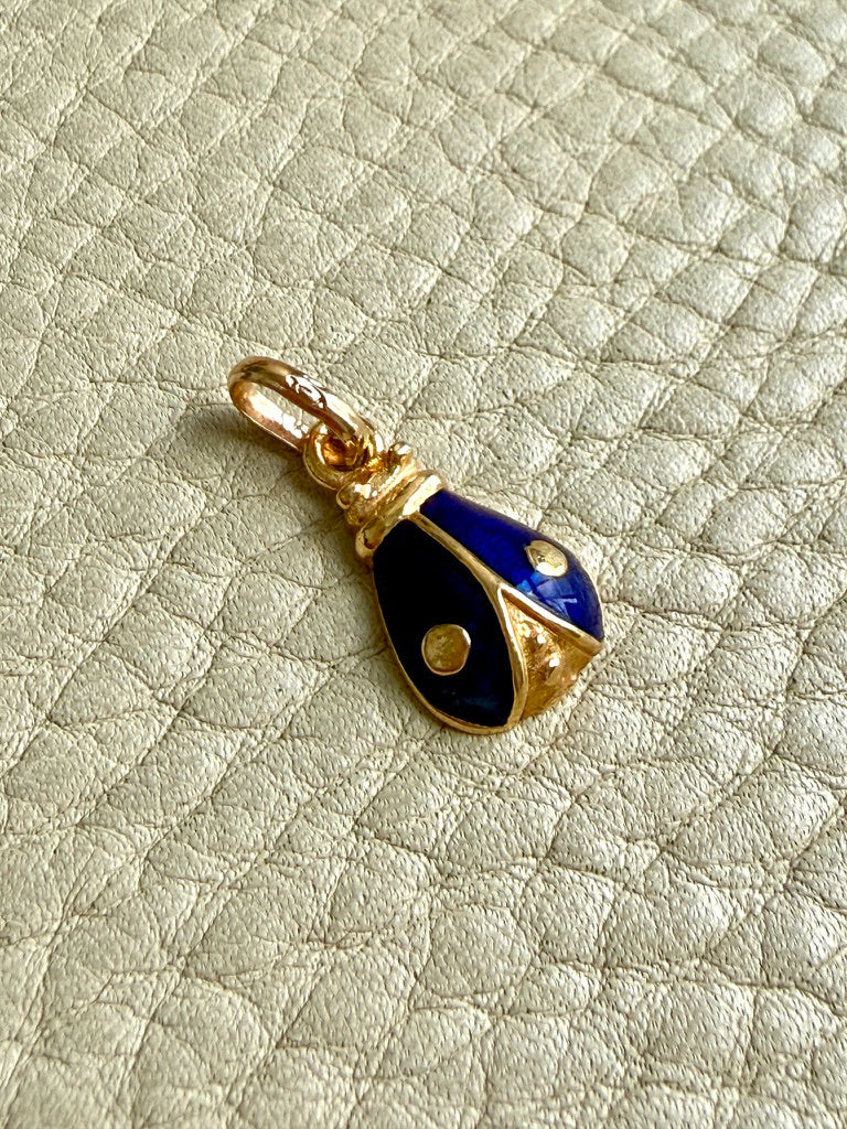 18k gold vintage charm or pendant - Blue Enamel Ladybug