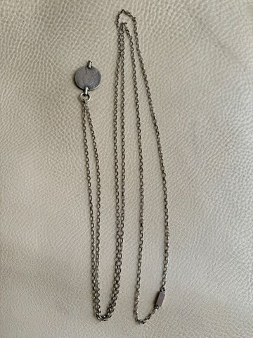 1880 Antique Silver Link Longuard Chain Necklace with Coin Pendant - 61.75 inch length