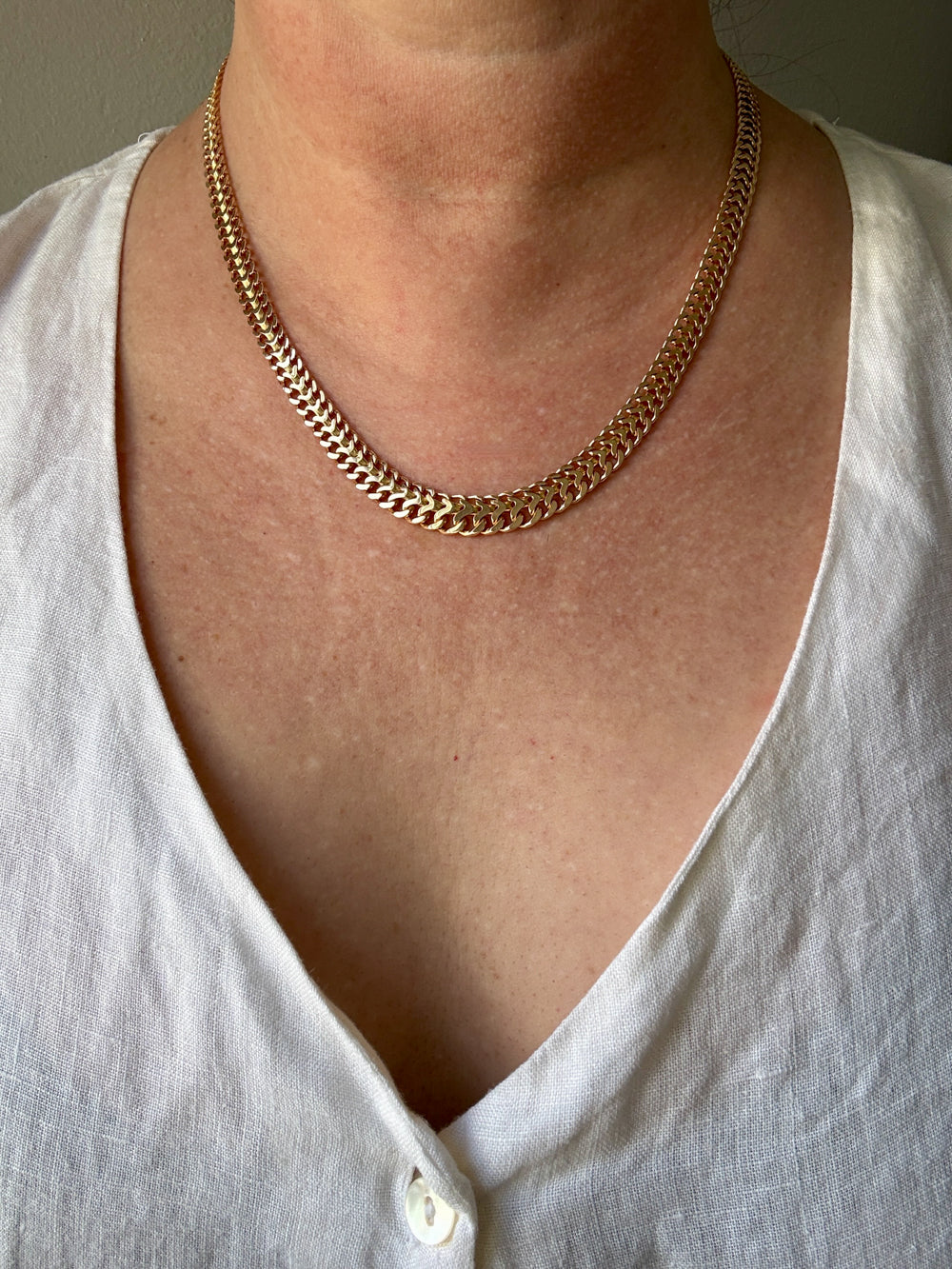 Vintage Swedish Wide Herringbone Link Necklace 18k Gold – 20 Inch Length