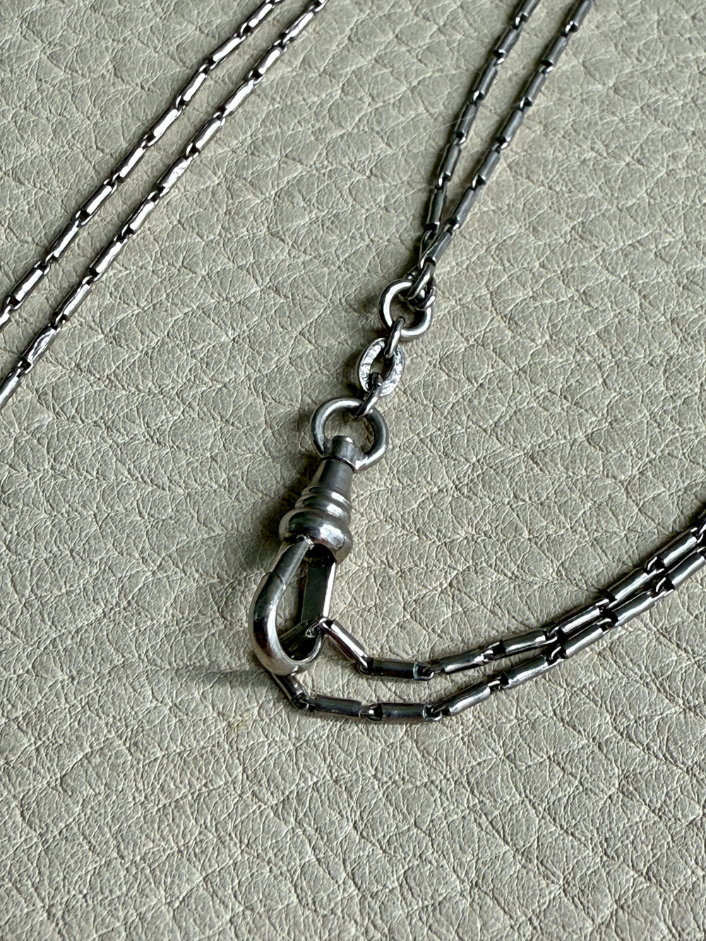 Early 1900s Antique PLATINUM Link Longuard Chain Necklace with Dog Clip - 31-62 inch length