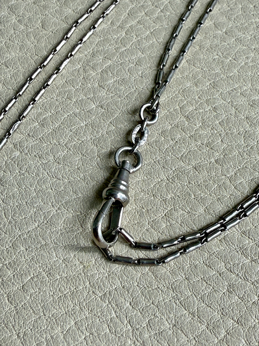 Early 1900s Antique PLATINUM Link Longuard Chain Necklace with Dog Clip - 31-62 inch length