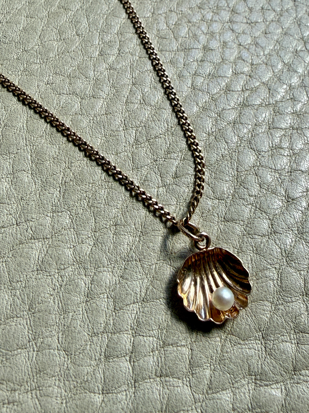 Necklace with a shell pendant and pearl on a textured gray background