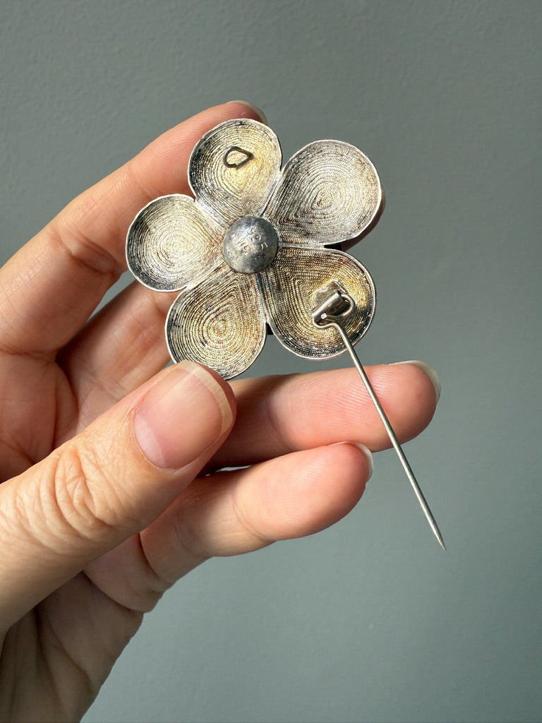 1950s Sterling Silver Filigree Flower Brooch - 1.8 inch diameter