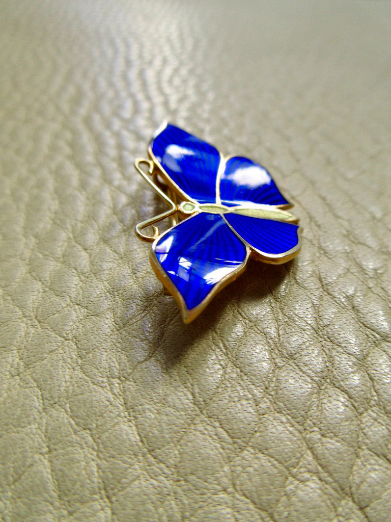 1952 Gilt Silver Ultramarine Blue Guilloché Enamel Butterfly Brooch by Tillander - 1.3 inch width