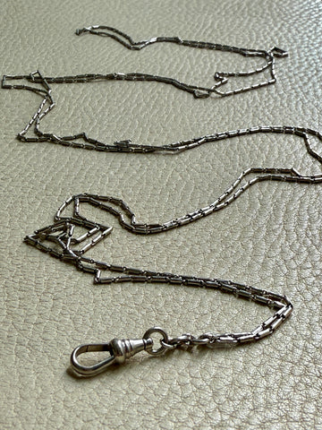 Early 1900s Antique PLATINUM Link Longuard Chain Necklace with Dog Clip - 31-62 inch length