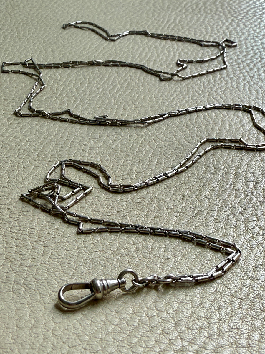 Early 1900s Antique PLATINUM Link Longuard Chain Necklace with Dog Clip - 31-62 inch length