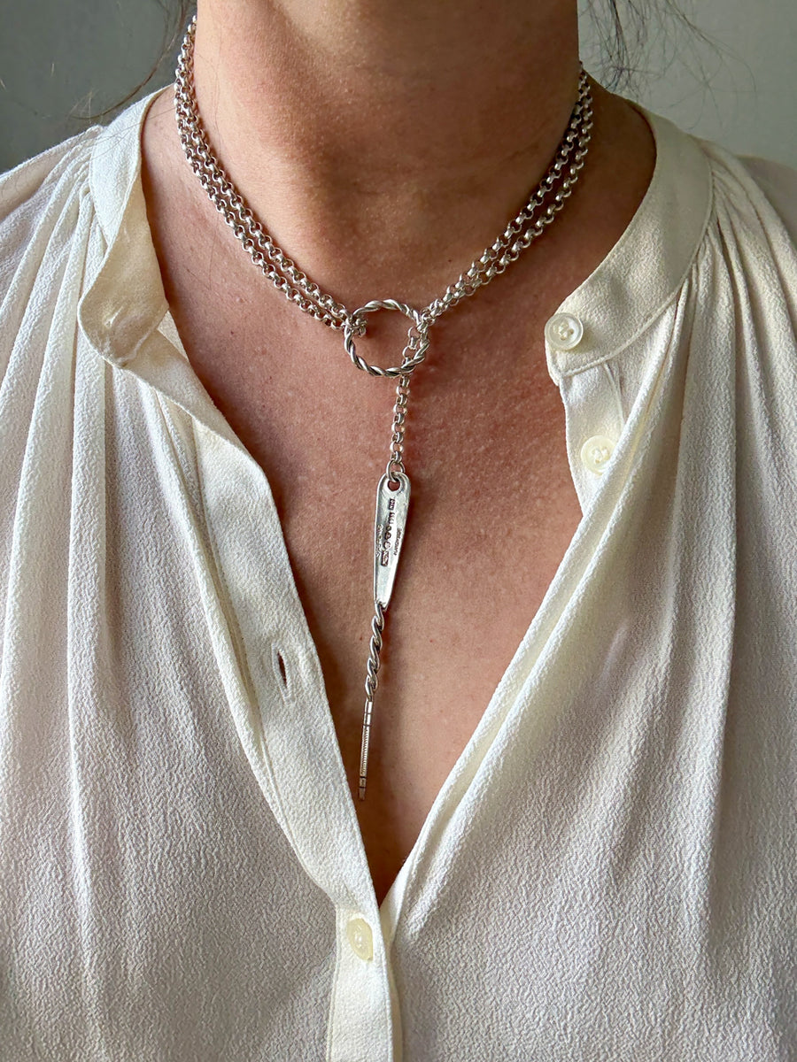 Lariat Style Vintage Rolo Link Necklace in Sterling Silver - 32.7 inch length